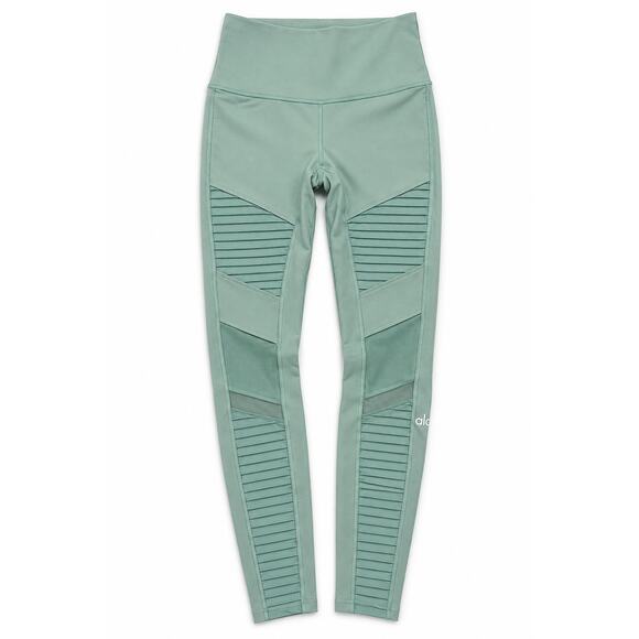 ALO Yoga Pants - Alo Yoga High-Waist Moto Leggings Sage Green Full Length Mesh Panel Yoga Pants M